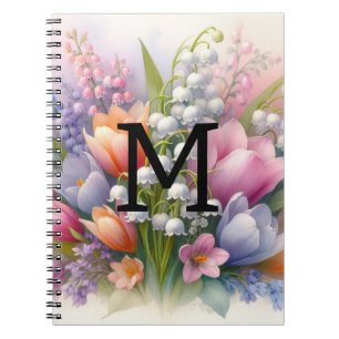 Bloemige waterverf monogram roze paarse tulpen notitieboek