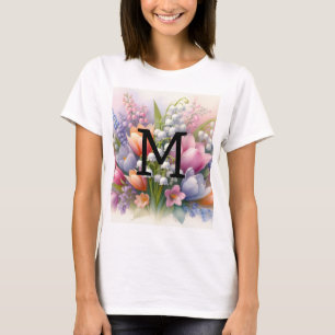 Bloemige waterverf monogram roze paarse tulpen t-shirt