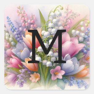 Bloemige waterverf monogram roze paarse tulpen vierkante sticker