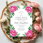 Bloemige waterverf roze pioenrozen Eerste Communie Kaart