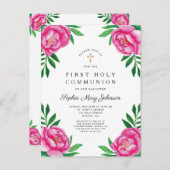 Bloemige waterverf roze pioenrozen Eerste Communie Uitnodiging Briefkaart (Voorkant / Achterkant)