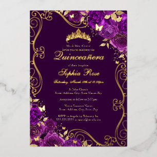 Bloemige Wervelende Vlinder Paarse Quinceanera Folie Uitnodiging