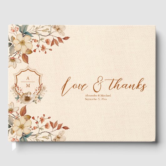 Bloemige Westelijke Top Monogram Bruiloft Gastenboek (Voorkant)