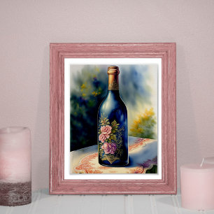 Bloemige wijnfles stilleven digitale kunst poster