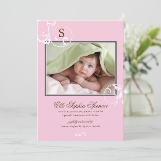 Bloemige Wijnstok Monogram Foto Geboorte Aankondig Aankondiging (Staand voorkant)