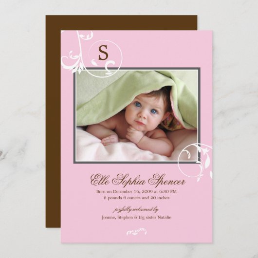 Bloemige Wijnstok Monogram Foto Geboorte Aankondig Aankondiging (Voorkant / Achterkant)
