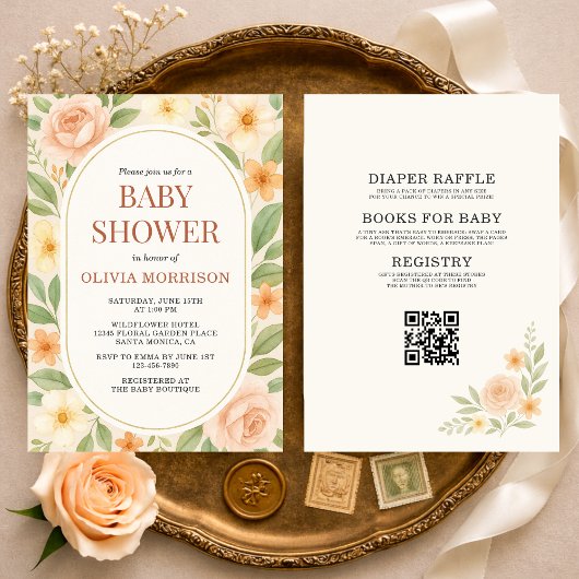 Bloemige Wilde Bloem All-in-One QR-code Baby Showe Kaart