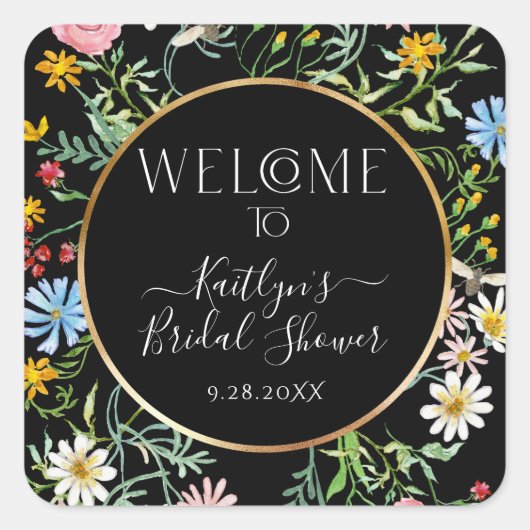 Bloemige Wilde Bloem Boho Welkom Zwarte Bruids Sho Vierkante Sticker (Voorkant)