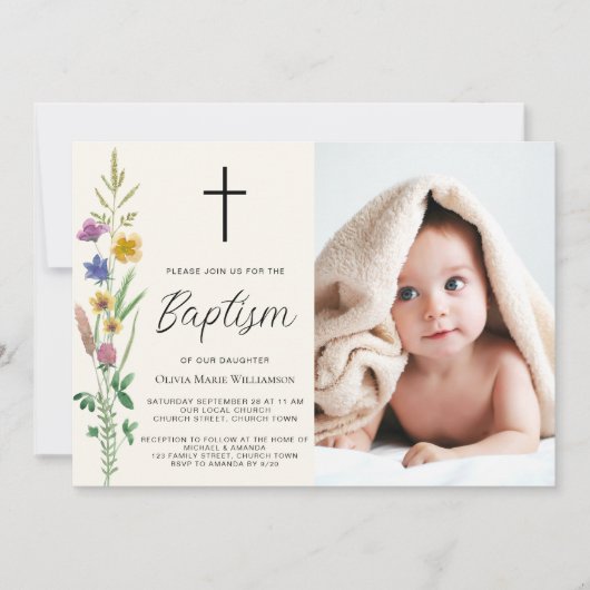 Bloemige Wilde Bloem Foto Doop Kaart (Voorkant)