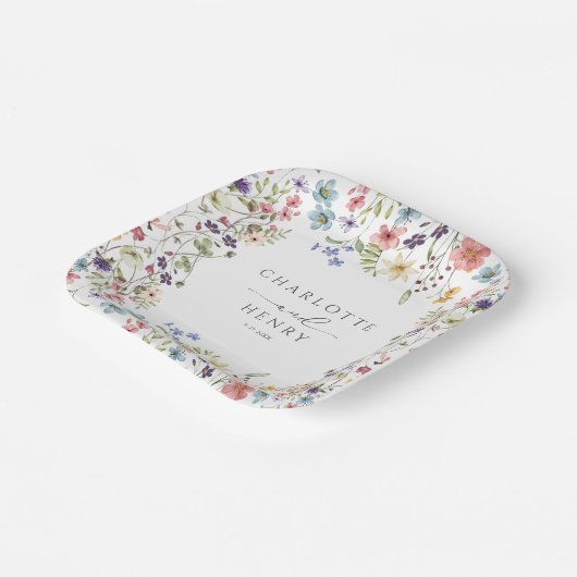 Bloemige Wilde Bloemen Eenvoudige Bruiloft Papieren Bordje (Gebogen)