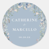 Bloemige Wilde Bloemen Stof Blauw Bruiloft Ronde Sticker (Voorkant)