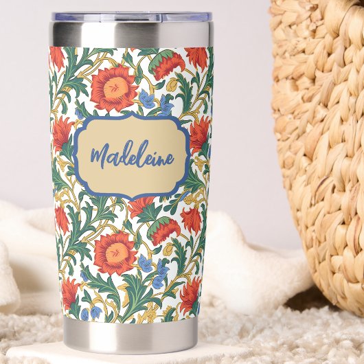 Bloemige Willam Morris Stijl Blauw Rood Goud Vinta Geïsoleerde Drinkbeker