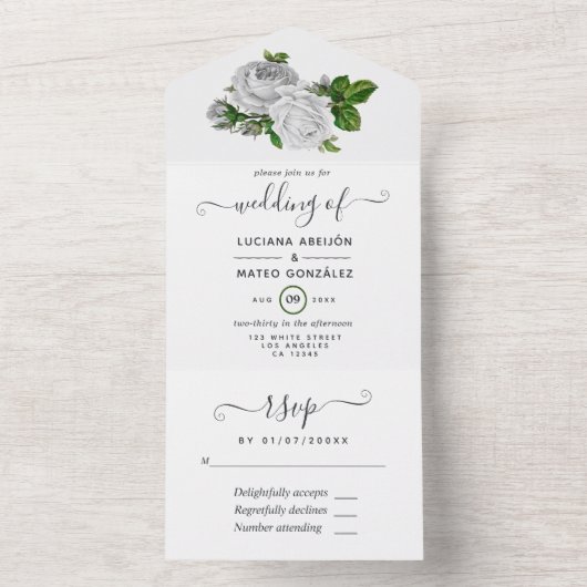 Bloemige witte all-in-one trouwuitnodiging all in one uitnodiging (Binnen)