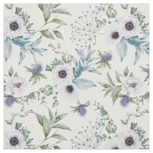 Bloemige Witte Anemoon Distel Botanisch Stof (Swatch)