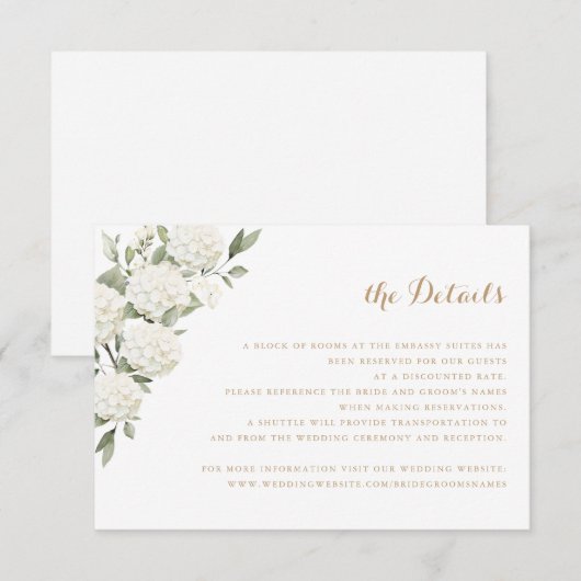 Bloemige witte hortensia groene huwelijksdetails kaart (Voorkant / Achterkant)
