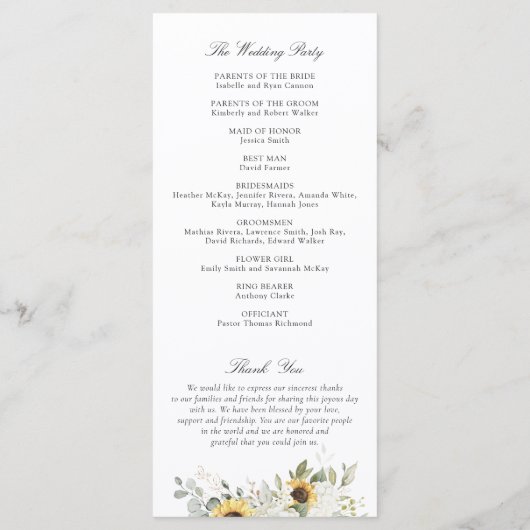 Bloemige witte hortensia zonnebloemen trouwprogram programmakaart (Achterkant)