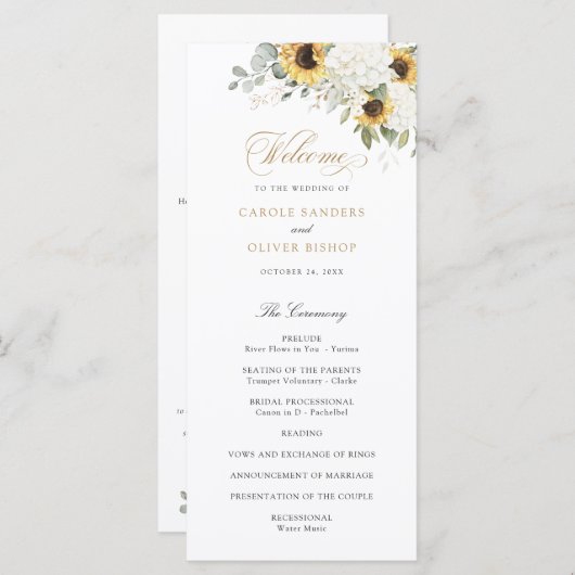 Bloemige witte hortensia zonnebloemen trouwprogram programmakaart (Voorkant / Achterkant)