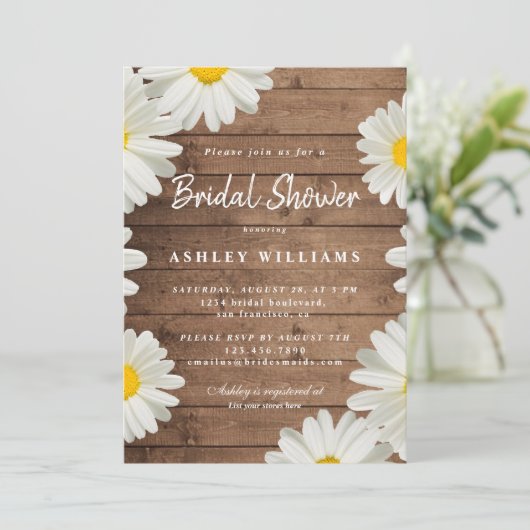 Bloemige Witte Madeliefjes Rustieke Houten Bruidsd Kaart (Staand voorkant)