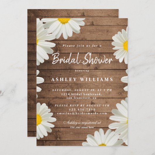 Bloemige Witte Madeliefjes Rustieke Houten Bruidsd Kaart (Voorkant / Achterkant)