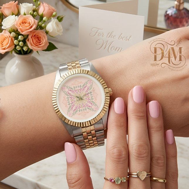 Bloemige zachte perzik caleidoscopische Script Bes Horloge (Creator heeft geüpload)