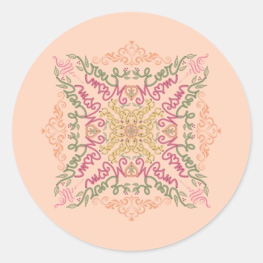 Bloemige zachte perzik caleidoscopische Script Bes Ronde Sticker (Voorkant)