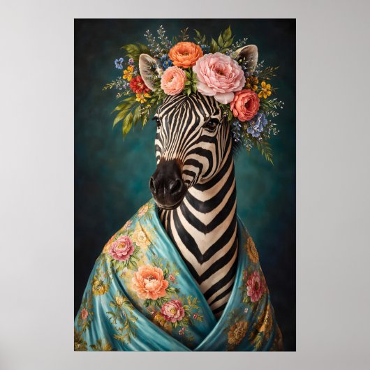 Bloemige zebra-portretposter, maximalistische bota poster (Voorkant)