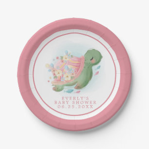 Bloemige Zeeschildpad Roze Baby Shower Papieren Bordje