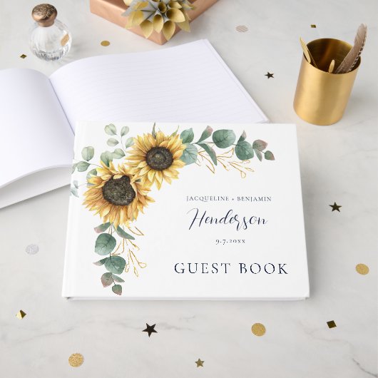Bloemige Zonnebloem Eucalyptus Script Bruiloft Gastenboek (Voorkant open)