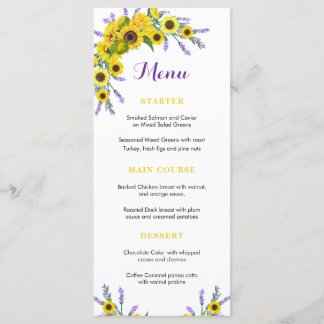 Bloemige Zonnebloem & Lavendel Trouwreceptie Menu