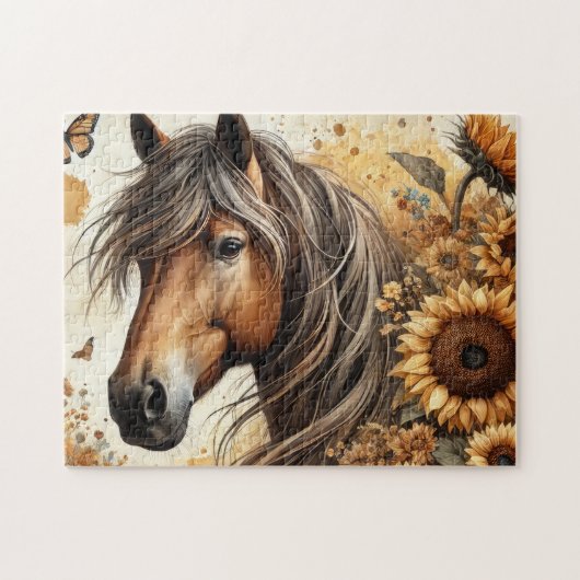 Bloemige Zonnebloem Paard Legpuzzel (Horizontaal)