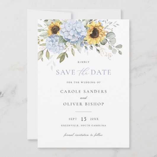 Bloemige zonnebloemen Blauwe Hortensia Trouw Save  Kaart (Voorkant)