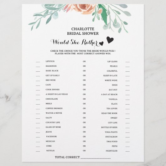 Bloemige 'Zou Ze Liever' Bruidsdouche Spel Flyer (Voorkant)