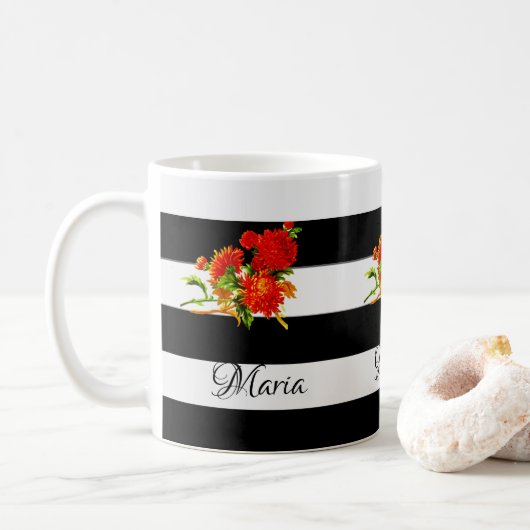 Bloemige zwart-wit gestreepte mok (Met donut)