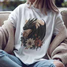 Bloemige Zwarte Draak Fantasie T-shirt