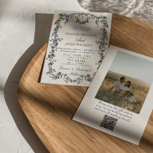 Bloemige Zwarte En Witte QR Code Foto Bruiloft Kaart