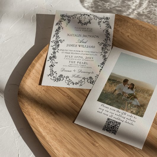 Bloemige Zwarte En Witte QR Code Foto Bruiloft Kaart