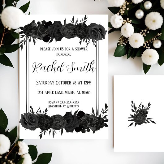 Bloemige zwarte en witte uitnodiging voor een brui