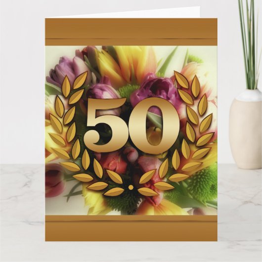 bloemillustratie gouden kader 50ste verjaardag kaart (Voorkant)