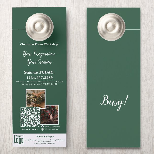 Bloemist Kerst Workshop Promotie Custom Deurhanger (Florist Christmas Workshop Promotion Custom Door Hanger - Image Collage, Logo, QR code)