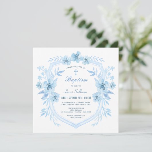 Bloemkam Blauwe Kam Doop Uitnodiging (Staand voorkant)