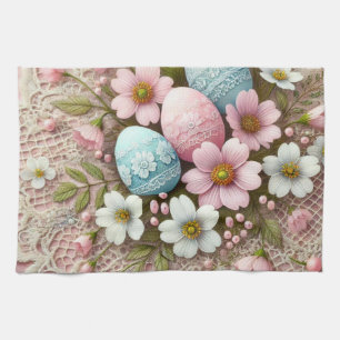 Bloemkant pastel roze paaseieren en bloemen theedoek