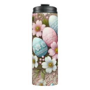 Bloemkant pastel roze paaseieren en bloemen thermosbeker