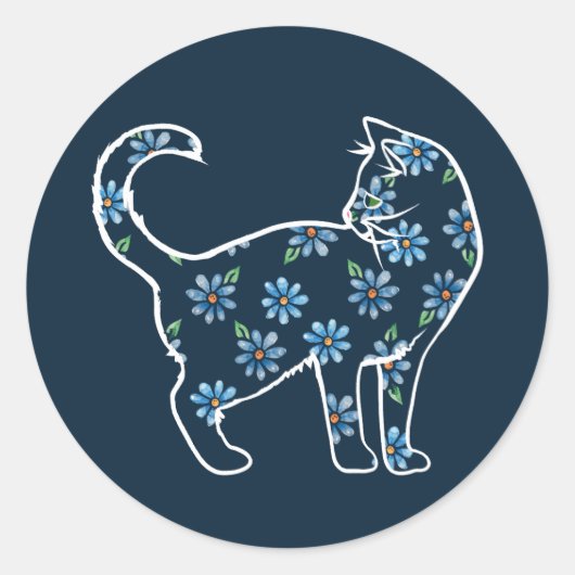 Bloemkat blauw-melkkatten ronde sticker (Voorkant)