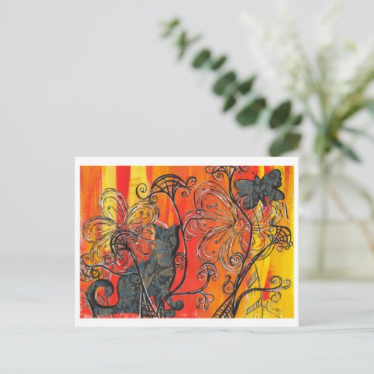 Bloemkat en vlinder briefkaart (Staand voorkant)