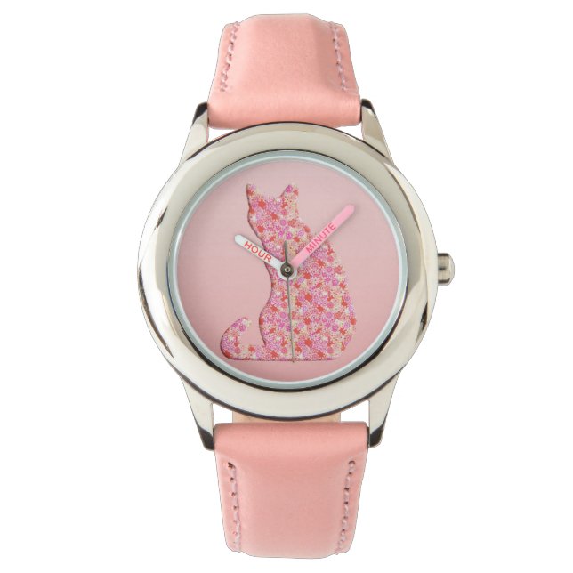 Bloemkat - koraal oranje en roze horloge (Voorkant)