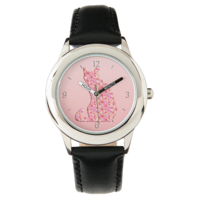 Bloemkat - koraal oranje en roze horloge (Voorkant)