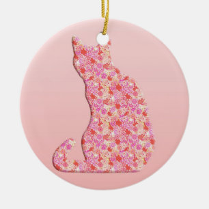 Bloemkat - koraal oranje en roze keramisch ornament
