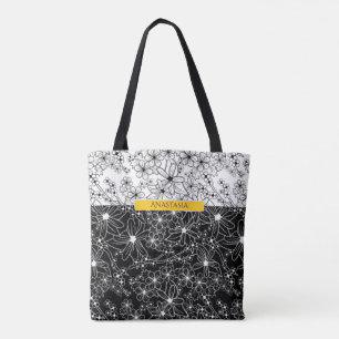 Bloemkleur Blok Patroon Zwart Wit met Naam Tote Bag