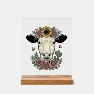 Bloemkoe hoofd vintage graveerontwerp_1 acryl bord