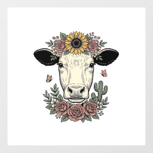 Bloemkoe hoofd vintage graveerontwerp_1 raamsticker